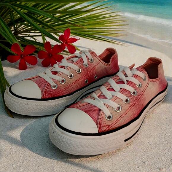 Converse All Star Pink Plaid Canvas Sneakers - Women's 7 - Picture 1 of 8